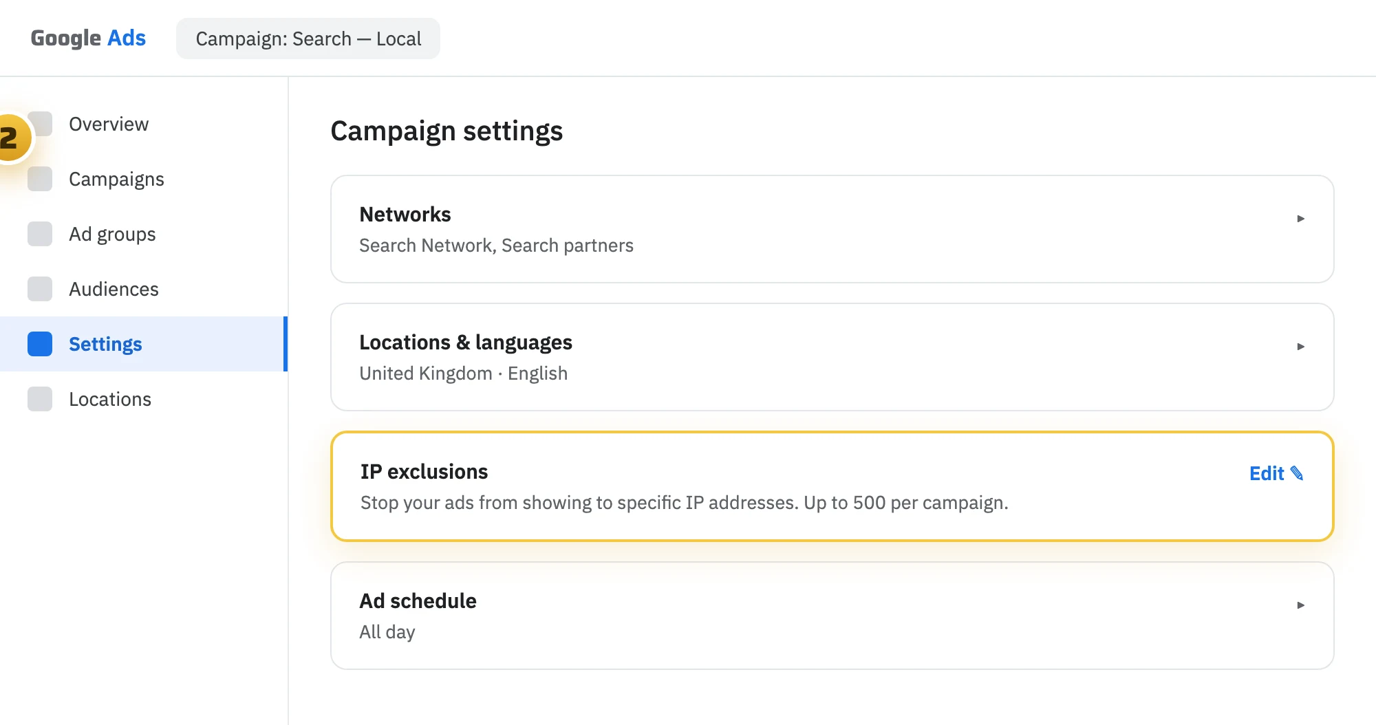 Illustration of the Google Ads campaign settings screen with the IP exclusions row
