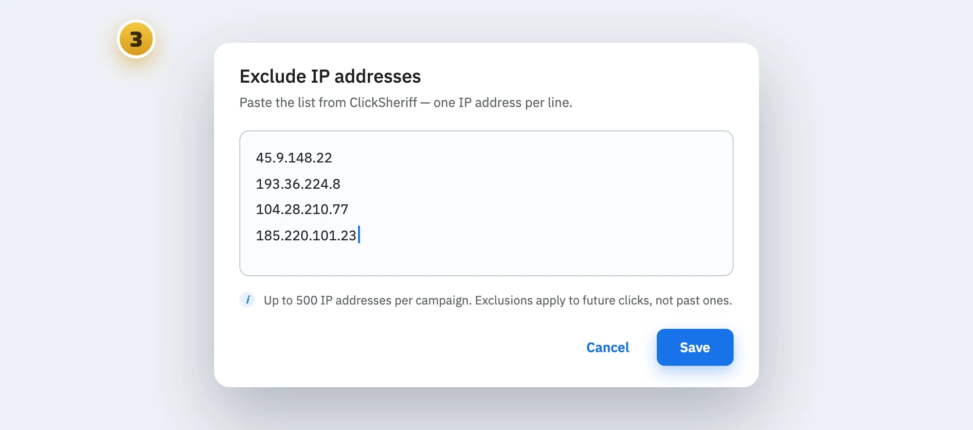 Illustration of the Google Ads exclude IP addresses dialog with addresses listed one per line