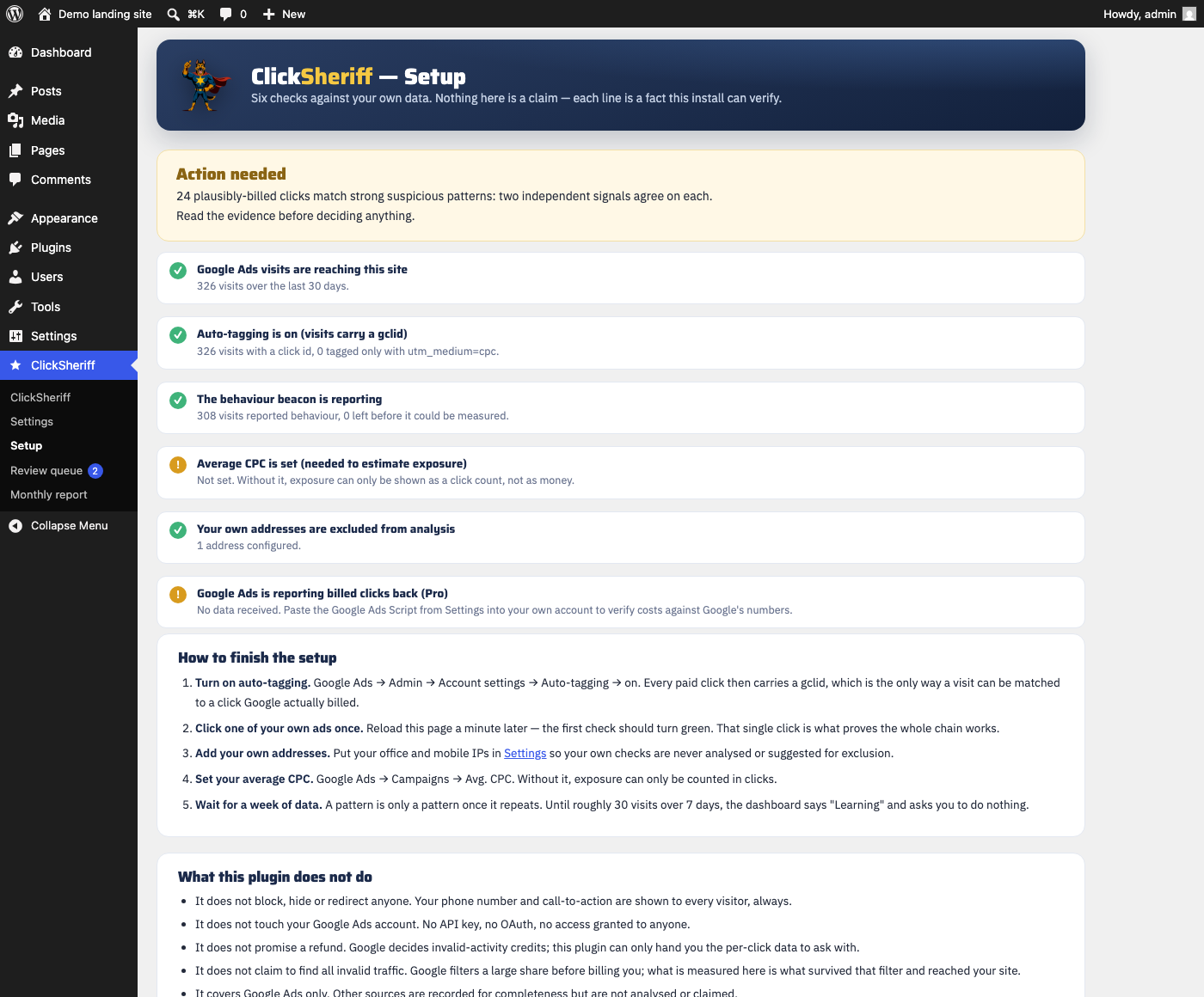 ClickSheriff setup screen listing six checks against the site's own data, each passing or failing